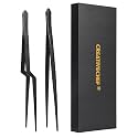 CREATIVECHEF Chef Tweezer Tongs, Professional Kitchen Tweezers, Precision Tweezer Tongs for Cooking, BBQ, Plating, Stainless Steel, Black (2)
