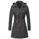 CREATMO US Women's Trench Coat Double-Breasted Classic Lapel Overcoat Belted Slim Outerwear Coat with Detachable Hood