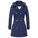 CREATMO US Women's Trench Coat Double-Breasted Classic Lapel Overcoat Belted Slim Outerwear Coat with Detachable Hood