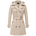 CREATMO US Women's Trench Coat Double-Breasted Classic Lapel Overcoat Belted Slim Outerwear Coat with Detachable Hood