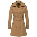 CREATMO US Women's Trench Coat Double-Breasted Classic Lapel Overcoat Belted Slim Outerwear Coat with Detachable Hood