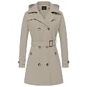 CREATMO US Women's Trench Coat Double-Breasted Classic Lapel Overcoat Belted Slim Outerwear Coat with Detachable Hood