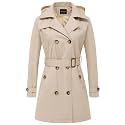 CREATMO US Women's Trench Coat Double-Breasted Classic Lapel Overcoat Belted Slim Outerwear Coat with Detachable Hood