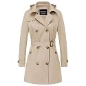 CREATMO US Women's Trench Coat Double-Breasted Classic Lapel Overcoat Belted Slim Outerwear Coat with Detachable Hood