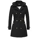 CREATMO US Women's Trench Coat Double-Breasted Classic Lapel Overcoat Belted Slim Outerwear Coat with Detachable Hood