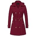 CREATMO US Women's Trench Coat Double-Breasted Classic Lapel Overcoat Belted Slim Outerwear Coat with Detachable Hood