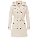 CREATMO US Women's Trench Coat Double-Breasted Classic Lapel Overcoat Belted Slim Outerwear Coat with Detachable Hood
