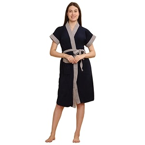 creeva everyday terry cotton unisex bathrobe collection with kimono collar and 1 pockethalf sleeve bath robe super soft light weight - black amp turkish blue