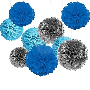 tissue hanging paper pom poms set  12 pcs decorative flower ball  wedding birthday baby shower party decorations  silver  light blue  dark blue