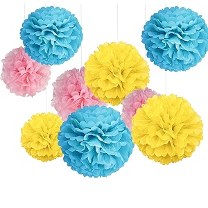 party tissue hanging paper pom poms set  12 pcs set  decorative hanging paper flower ball  wedding birthday party baby shower party decorations  pink  yellow  blue