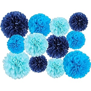 tissue hanging paper pom poms set  12 pcs decorative flower ball  wedding birthday baby shower party decorations  blue  dark blue  light blue