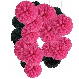 party tissue hanging paper pom poms set  12 pcs set  decorative hanging paper flower ball  wedding birthday party baby shower party decorations  black  pink