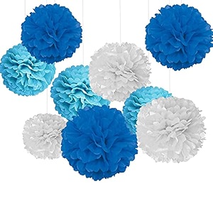party tissue hanging paper pom poms set  12 pcs set  decorative hanging paper flower ball  wedding birthday party baby shower party decorations  white  light blue  dark blue