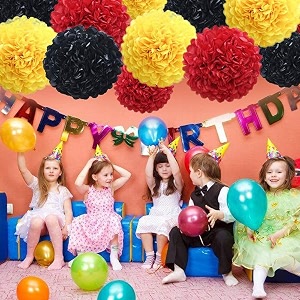 party tissue hanging paper pom poms set  12 pcs set  decorative hanging paper flower ball  wedding birthday party baby shower party decorations  black  yellow  red
