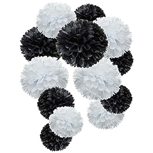 party tissue hanging paper pom poms set  12 pcs set  decorative hanging paper flower ball  wedding birthday party baby shower party decorations  white  black