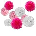 Tissue Hanging Paper Pom Poms Set | 12 Pcs Decorative Flower Ball | Wedding Birthday Baby Shower Party Decorations | (White + Dark Pink + Light Pink)