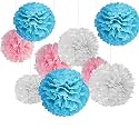 Tissue Hanging Paper Pom Poms Set | 12 Pcs Decorative Flower Ball | Wedding Birthday Baby Shower Party Decorations | (White + Light Blue + Light Pink)