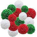 Party Tissue Hanging Paper Pom Poms Set | 12 Pcs Set | Decorative Hanging Paper Flower Ball | Wedding Birthday Party Baby Shower Party Decorations | (Green + Red + White)