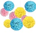 Party Tissue Hanging Paper Pom Poms Set | 12 Pcs Set | Decorative Hanging Paper Flower Ball | Wedding Birthday Party Baby Shower Party Decorations | (Pink + Yellow + Blue)