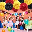Party Tissue Hanging Paper Pom Poms Set | 12 Pcs Set | Decorative Hanging Paper Flower Ball | Wedding Birthday Party Baby Shower Party Decorations | (Black + Yellow + Red)