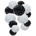 Party Tissue Hanging Paper Pom Poms Set | 12 Pcs Set | Decorative Hanging Paper Flower Ball | Wedding Birthday Party Baby Shower Party Decorations | (White + Black)