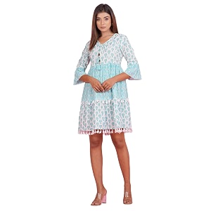 Crenol Women Cotton Printed Short Dresses for