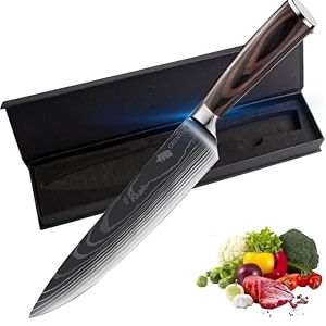 chefs knife 8 inch ultra sharp high carbon german stainless steel forged bladefor meat cutting ergonomic wooden handle premium chef knife with gift box for home kitchen restaurant browen