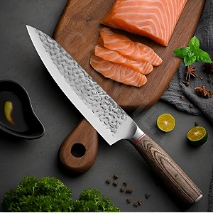 professional chef knife 8 inch japanese style kitchen knife with hammered stainless steel blade amp wood handleultra sharp multipurpose for meatvegetables amp more dot knife