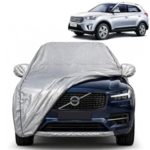 creta 100 waterproof car cover  dustproof sun protection cover  soft cotton lining  triple stitched  mirror pocket  antenna pocket  all weather body cover silver with yellow piping