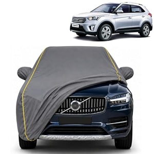 creta 100 waterproof car cover  dustproof sun protection cover  soft cotton lining  triple stitched  mirror pocket  antenna pocket  all weather body cover grey with yellow piping