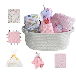 crevent baby welcome gift set storage basket with 2 blankets 1 security blanket  1 taggie  1 gift bag with ribbon pink