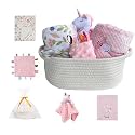 CREVENT Baby Welcome Gift Set Storage Basket with 2 Blankets+ 1 Security Blanket + 1 Taggie + 1 Gift Bag with Ribbon (Pink)