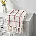 CREVENT Chenille Throw Blanket Breathable Soft Warm for Sofa Bed Home Decor with Tassels (Red and White) 50"x60"