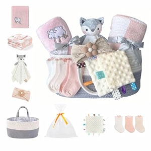 crevent set for girls -diaper caddy organizer basket with 2 blankets 1 taggie 1 lovey 3 socks1 headband1 gift bag with ribbon - newborn essential gift set pink