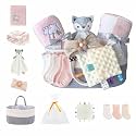 CREVENT Set for Girls -Diaper Caddy Organizer Basket with 2 Blankets, 1 Taggie, 1 Lovey, 3 Socks，1 Headband，1 Gift Bag with Ribbon - Newborn Essential Gift Set (Pink)