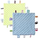 CREVENT Tag Security Blankets for Babies, Soft Small Loveys for Boys, Baby Comforter Sensory Blanket, Great Gifts for Birthday Baby Shower - 10"X10" Green + Blue