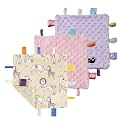 CREVENT Tag Security Blankets for Babies, Soft Small Loveys for Boys, Baby Comforter Sensory Blanket, Great Gifts for Birthday Baby Shower (10"X10" Zoo + Pink + Purple)