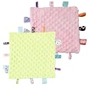 CREVENT Tag Security Blankets for Babies, Soft Small Loveys for Boys, Baby Comforter Sensory Blanket, Great Gifts for Birthday Baby Shower - 10"X10" Green + Pink