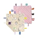 CREVENT Tag Security Blankets for Babies, Soft Small Loveys for Boys, Baby Comforter Sensory Blanket, Great Gifts for Birthday Baby Shower (10"X10" Zoo + Pink)