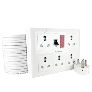 extension board 6a16a amp 15002500 wattage with 16 amp socket 5nos with safety shutter 16a mcb with power indicator 25 sqmm 3 core white copper wire 2500 wattage 16a big plug 4 meter