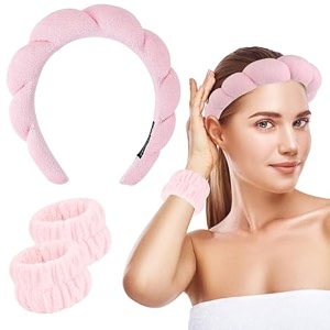 facial spa headband for women  stylish makeup and face wash sunflower sponge facial skincare soft 1pc hair band with 2pc wrist band  beauty skincare hairband pink