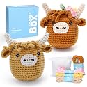 CrochetBox 2 PCS Highland Cow Crochet Kit, Brown Cow Set for Beginners
