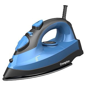 crompton fabrimagic neo 1200 w steam iron with 180 ml water tank upto 15g min steam output with vertical steaming and non-stick soleplate blue 6 fabric settings