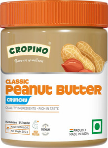 cropino classic peanut butter crunchy  made with roasted peanuts  gluten free  high protein  cholesterol free  non gmo  ready to eat 350 g