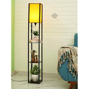 crosscut furniture wood tower floor lamp with printed shade fresh yellow led