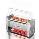 CROSSON Hot Dog Roller 5 Rollers 12 Hot Dogs Capacity,950W Stainless Steel Hot Dog Grill Cooker Machine with Bun Warmer&amp;Cover for Party Home Commercial