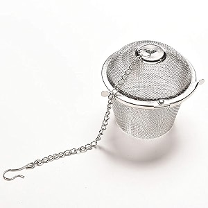 basket shaped tea infuser with extended chain amp sturdy clamp to lock high grade stainless steel  ideal for steeping leaf teas flowers amp herbs  easy to use durable amp convenient