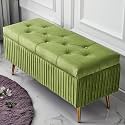 Upholstered Flip Top Storage Bench for Living Room| Storage Bench in Golden Steel Legs (Light Green)