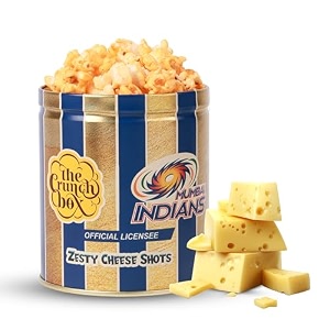 the crunch box presents sports edition mumbai indians gourmet popcorn  tangy zesty cheese shots popcorn  50gms tin