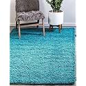Soft Handwoven Fiber Modern Rug Plain California Premium Shaggy with Plain Color 5 cm Pile Height for Home and Bedroom (4x4 feet Square/120 x 120 cm, Turquoise Fluffy)